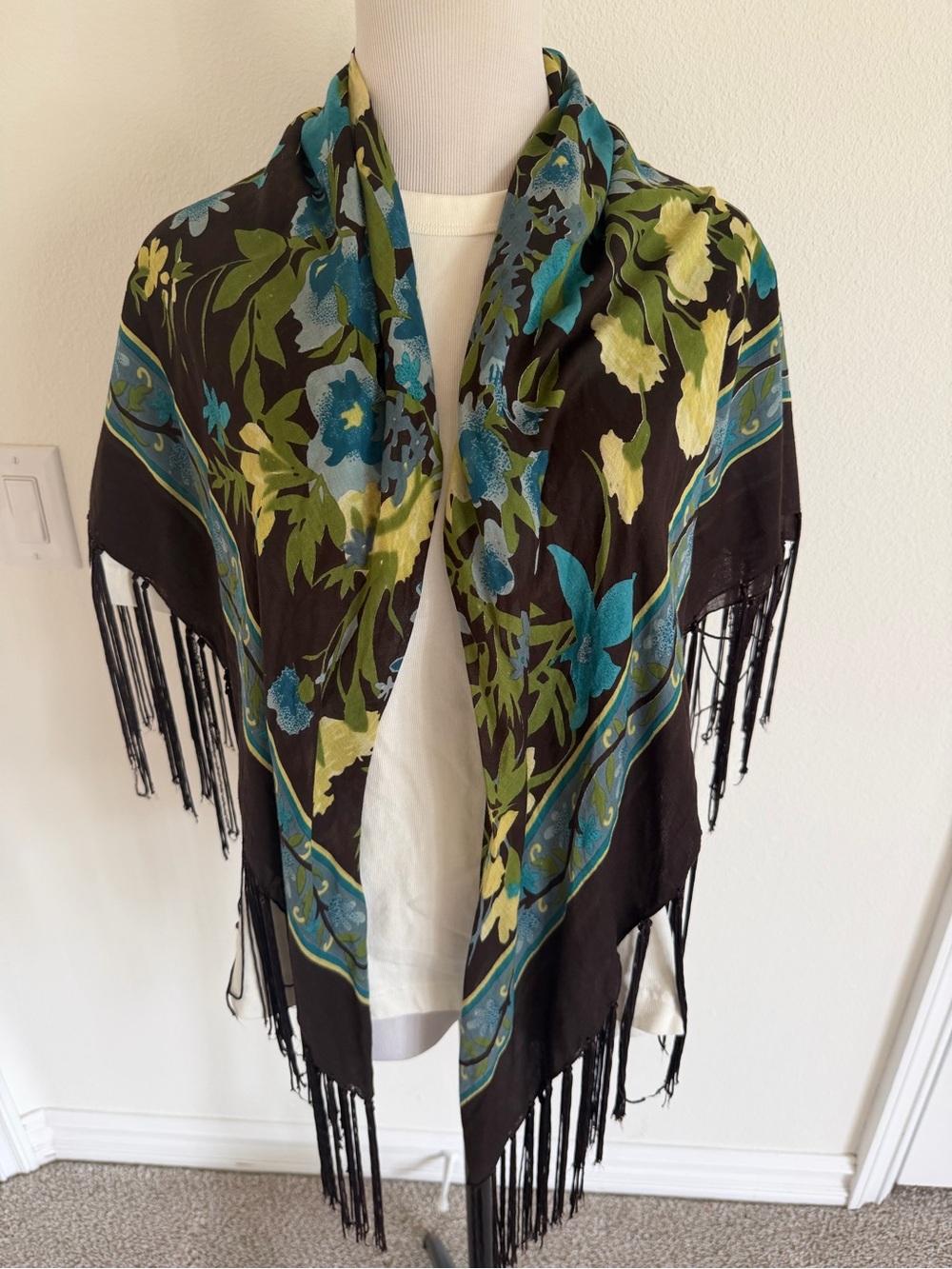 Vintage Black Floral Fringe Shawl with Teal & Green Accents